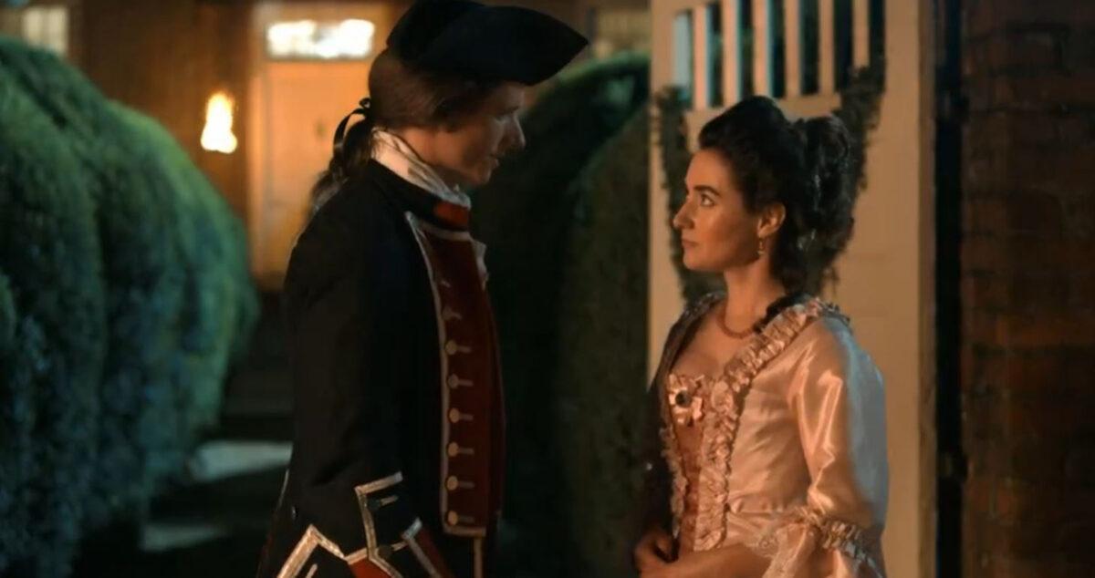George Washington (Willie Mellina, L) meets Martha Dandridge Custis (Micah Lynn Hanson) in “Washington’s Armor.” (Tammy Lane Productions)