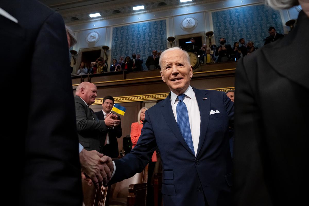 President Joe Biden arrives to deliver the State of the Union address during a joint session of Congress in the U.S. Capitol House Chamber in Washington on March 1, 2022. (Saul Loeb/Pool/Getty Images)