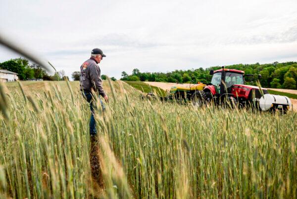 Farmer Dave Burrier walks back to his tractor as he plants corn in the Marvin Chapel field in Mount Airy, Md., on May 19, 2020. (Andrew Caballero-Reynolds/AFP via Getty Images)