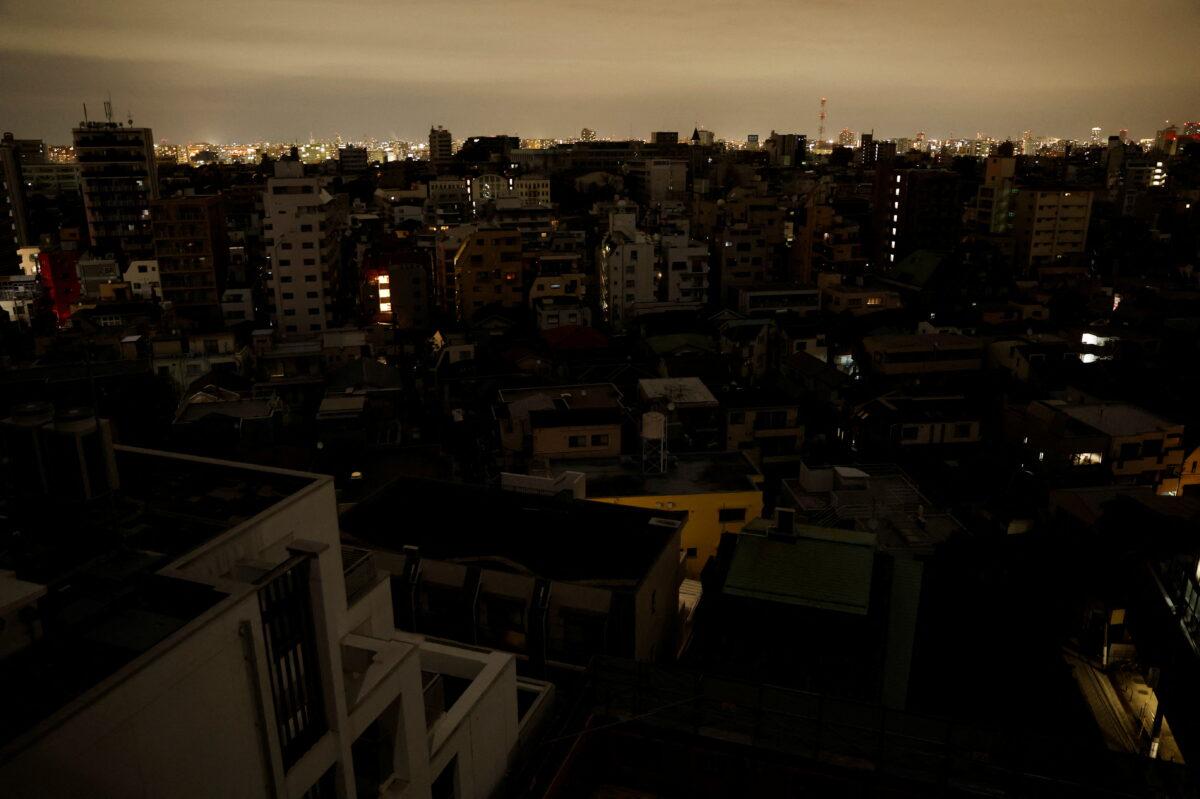 Houses and buildings in an electric stoppage at the area after an earthquake at Toshima ward in Tokyo, Japan, on March 17, 2022. (Issei Kato/Reuters)