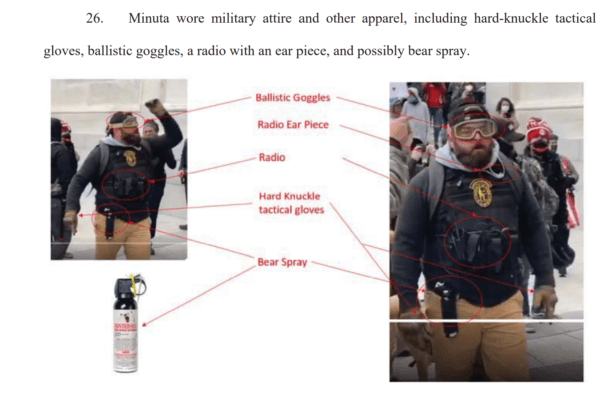 Screenshot from the Feb. 24, 2021, complaint against Roberto Minuta showing details of what is repeatedly described as the "military attire" he wore to the Capitol Building on Jan. 6, 2021. (United States District Court of the District of Columbia Criminal Complaint 1:2-mj-00260)