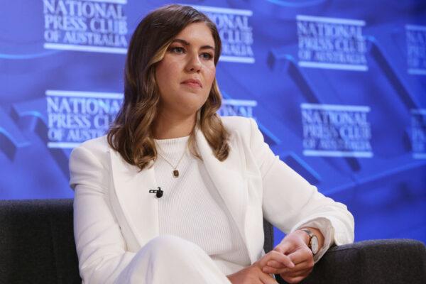 Brittany Higgins, a former Liberal Party staff member, addresses the media at the National Press Club in Canberra, Australia, on Feb. 9, 2022. (Lisa Maree Williams/Getty Images)
