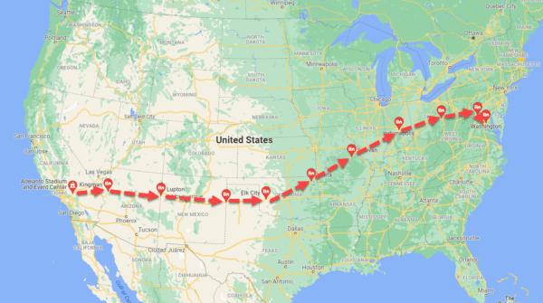 Cross-country route for the People’s Convoy to Maryland from California from Feb. 23 to Mar. 4, 2022. (Courtesy of thepeoplesconvoy.org)
