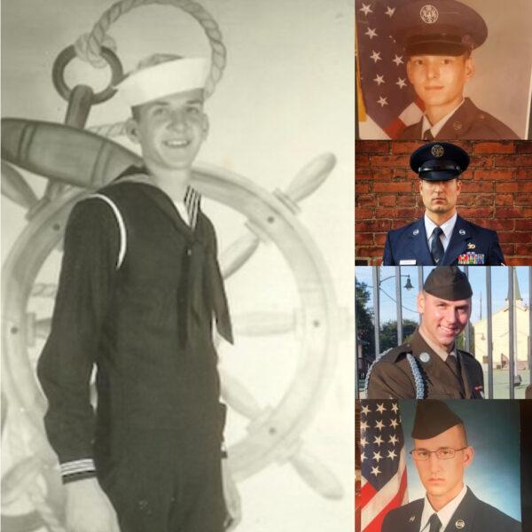 Thomas Misiura (L), Navy machinist and grandfather of the Misiura brothers. David Misiura Sr. (top R), father of the brothers. David Misiura Jr. (2nd from top), Jonathan Misiura (3rd from top), and Josiah Misiura (bottom R). Courtesy of David Misiura Jr.