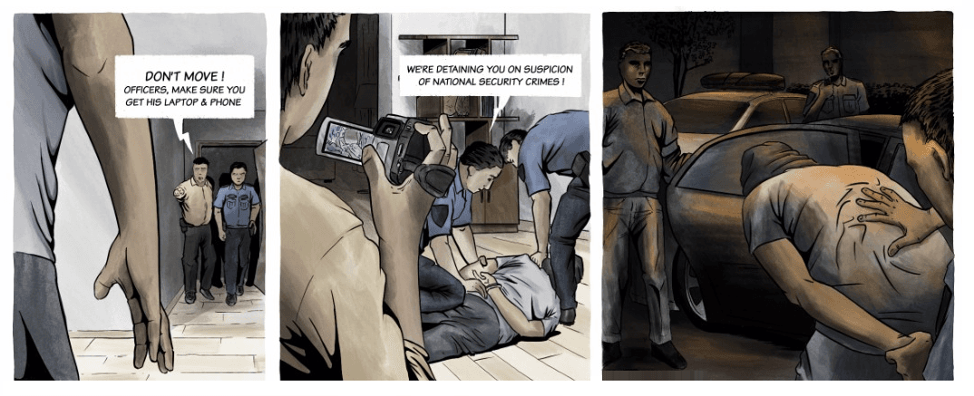 A drawing of police raiding a victim's home and taking him into RSDL by Antlem. (Courtesy of Peter Dahlin/Safeguard Defenders)