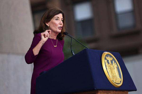 New York Gov. Kathy Hochul speaks during a press conference in New York City on Aug. 26, 2021. (Michael M. Santiago/Getty Images)