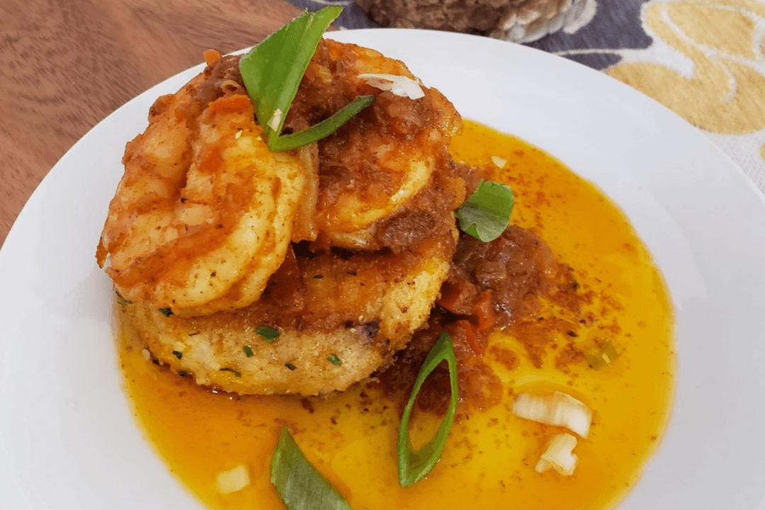 New Orleans Barbecue Shrimp With Sage Sausage and Smoked Gouda Grit Cake