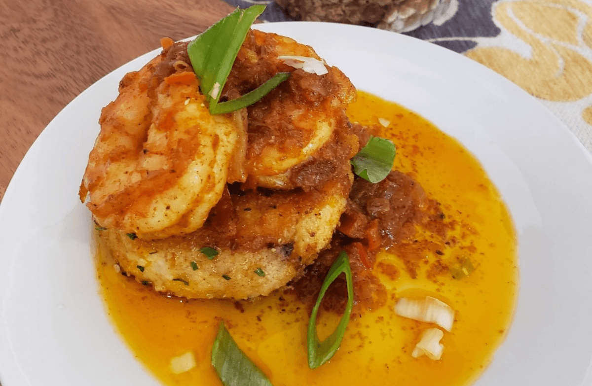 New Orleans Barbecue Shrimp With Sage Sausage and Smoked Gouda Grit Cake