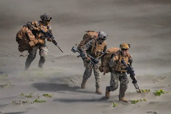 U.S. marines take part in a joint amphibious assault exercise as part of the annual 'Balikatan' (shoulder-to-shoulder) U.S.-Philippines war exercises, off the waters of South China Sea on March 31, 2022 in Claveria, Cagayan province, Philippines. (Ezra Acayan/Getty Images)