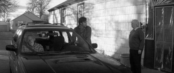 (R–L) Son David Grant (Will Forte) and his father Woody (Bruce Dern) receive some choice parting words by wife and mother Kate (June Squibb) before departing on their road trip, in “Nebraska.” (Paramount Vantage)