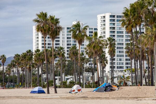A homeless encampment looking towards Santa Monica, Calif., on Jan. 27, 2021. (John Fredricks/The Epoch Times)