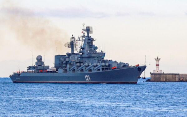 The Russian Navy's guided missile cruiser Moskva, sunk by the Ukrainians in April 2022, sails back into the port of Sevastopol, Crimea, on Nov. 16, 2021. (Alexey Pavlishak/Reuters)