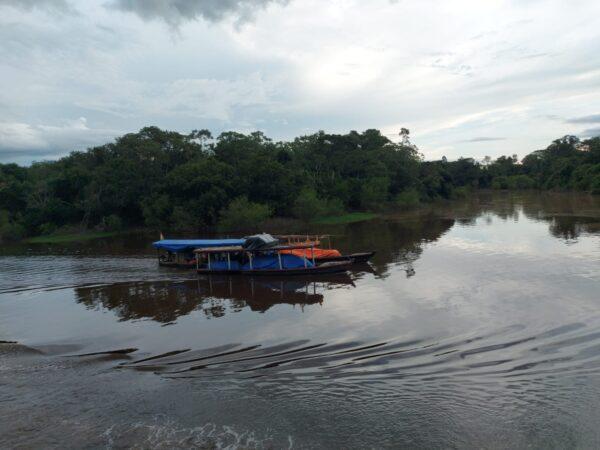 A cargo boat on the river Ibarre on April 13, 2022. (Autumn Spredemann/The Epoch Times)