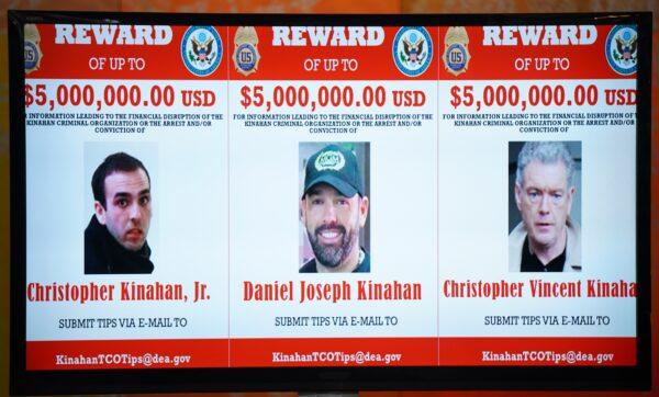 Wanted posters showing the U.S. government's $5 million reward for the arrest of Daniel Kinahan and associates are displayed at Dublin City Hall on April 12, 2022. (Niall Carson/PA)
