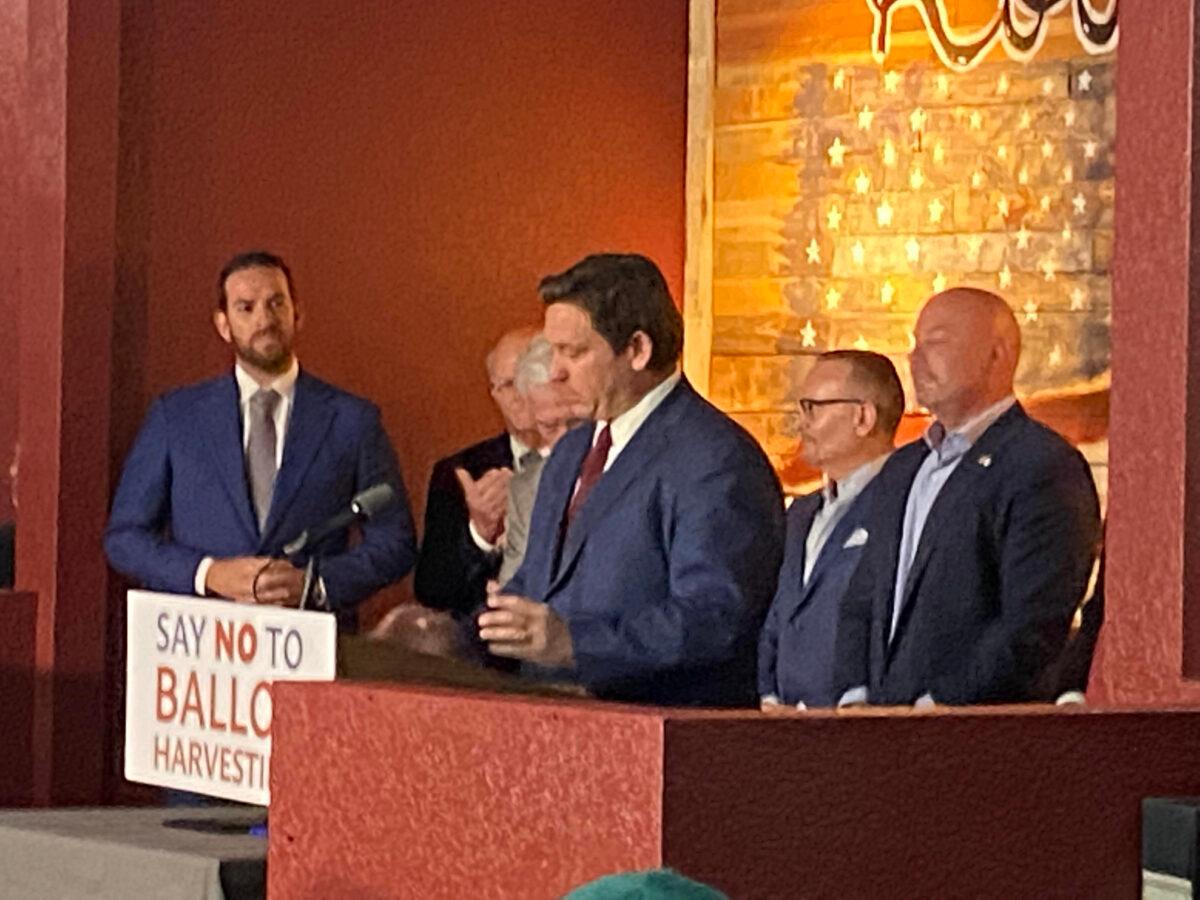 Florida Gov. Ron DeSantis delivers comments at a press conference in Spring Hill, Fla., on April 25, 2022. (Patricia Tolson/The Epoch Times)