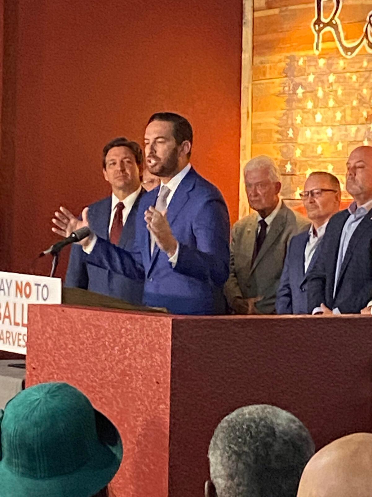 Florida state Rep. Daniel Perez (R-Miami) delivers comments at a press conference with Gov. Ron DeSantis in Spring Hill, Fla., on April 25, 2022. (Patricia Tolson/The Epoch Times)