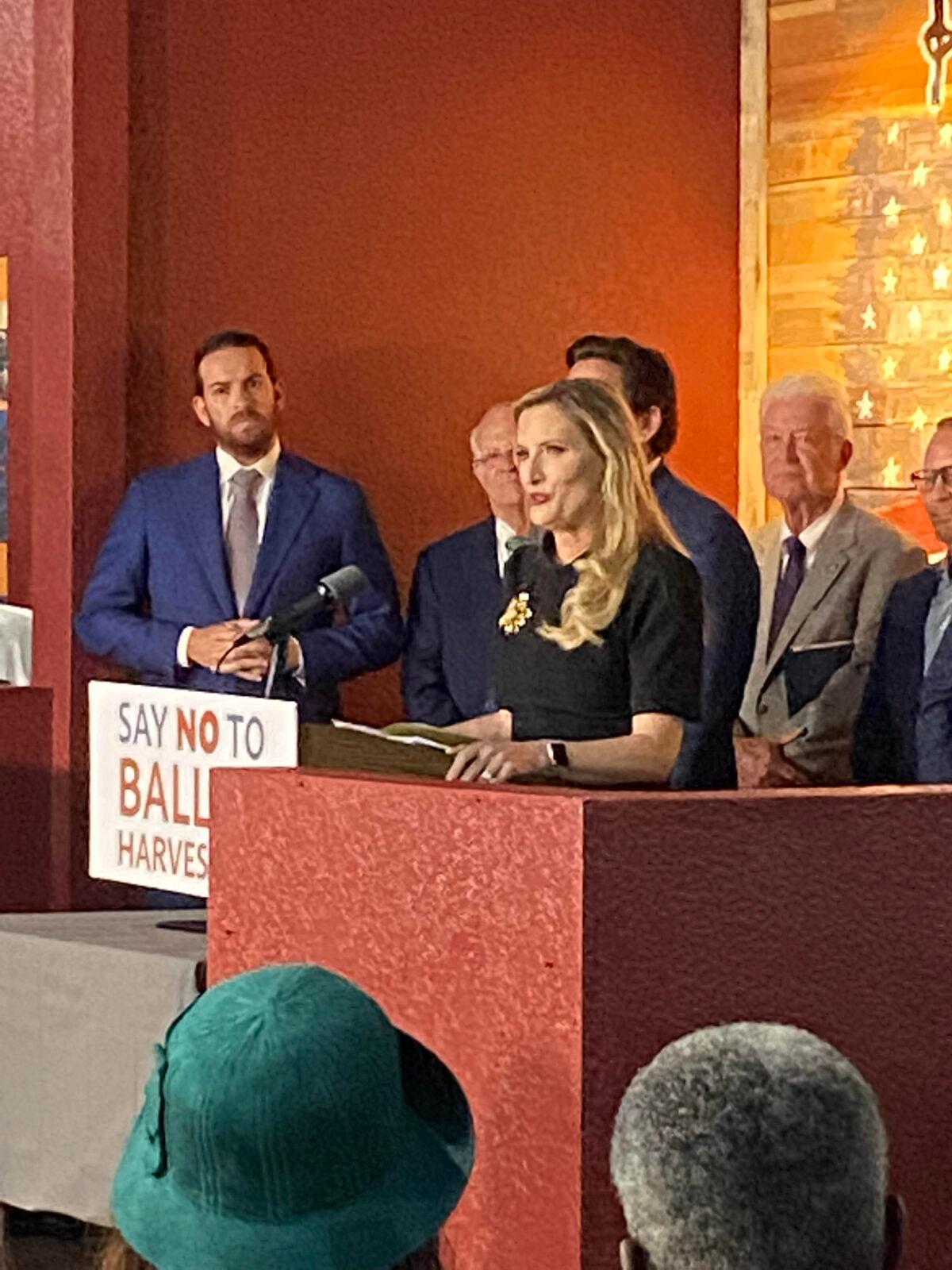 Florida Secretary of State Laurel Lee delivers comments during a press conference with Gov. Ron DeSantis in Spring Hill, Fla., on April 25, 2022. (Patricia Tolson/The Epoch Times)