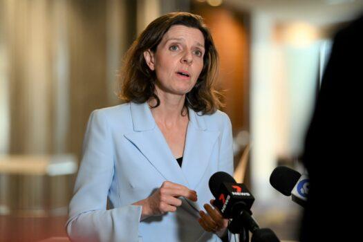 Federal "teal" independent candidate for Wentworth Allegra Spender speaks to the media during a press conference following the Fuel Security Summit in Sydney, Australia, on April 21, 2022. (AAP Image/Bianca De Marchi)