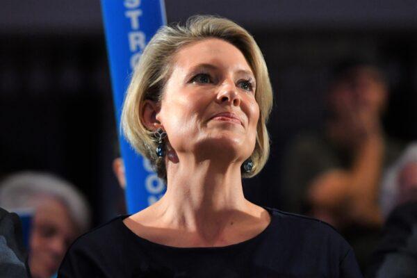 Liberal candidate for Warringah Katherine Deves waits for Prime Minister Scott Morrison at a Liberal Party rally on Day 21 of the 2022 federal election campaign, at Accor Stadium in Sydney, Australia, on May 1, 2022. (AAP Image/Mick Tsikas)