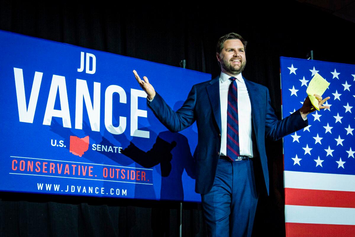 Republican U.S. Senate candidate J.D. Vance arrives onstage after winning the primary, at an election night event at Duke Energy Convention Center in Cincinnati, Ohio, on May 3, 2022. (Drew Angerer/Getty Images)