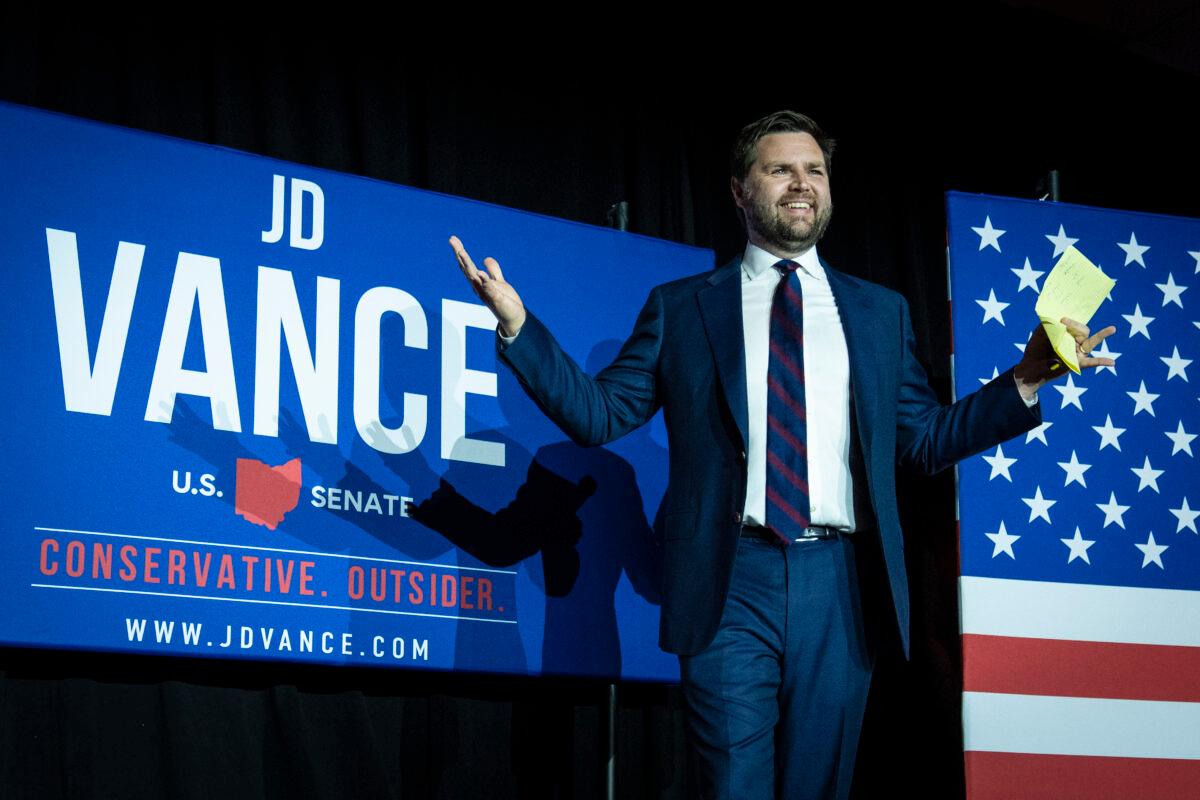 Republican U.S. Senate candidate J.D. Vance arrives onstage after winning the primary, at an election night event at Duke Energy Convention Center in Cincinnati, Ohio, on May 3, 2022. (Drew Angerer/Getty Images)
