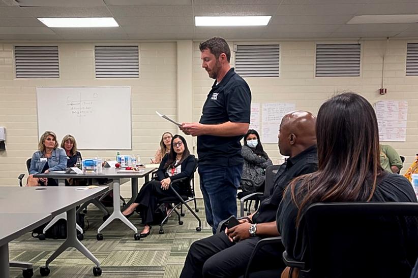 Colby Wiltse speaks against a graphic sexual education curriculum proposed for public school students during a School Health Advisory Council meeting in Corpus Christi, Texas, on April 10, 2022. (Courtesy of Colby Wiltse)