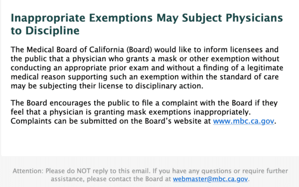 A screenshot of a message from the Medical Board of California. (Courtesy of Michael Huang)