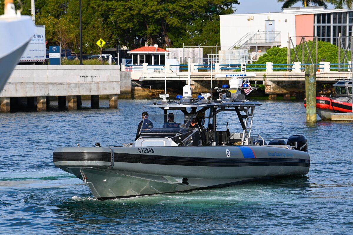 U.S. Coast Guard personnel patrol near the U.S. Coast Guard Sector Miami in Florida on Jan. 26, 2022. (Chandan Khanna/AFP via Getty Images)