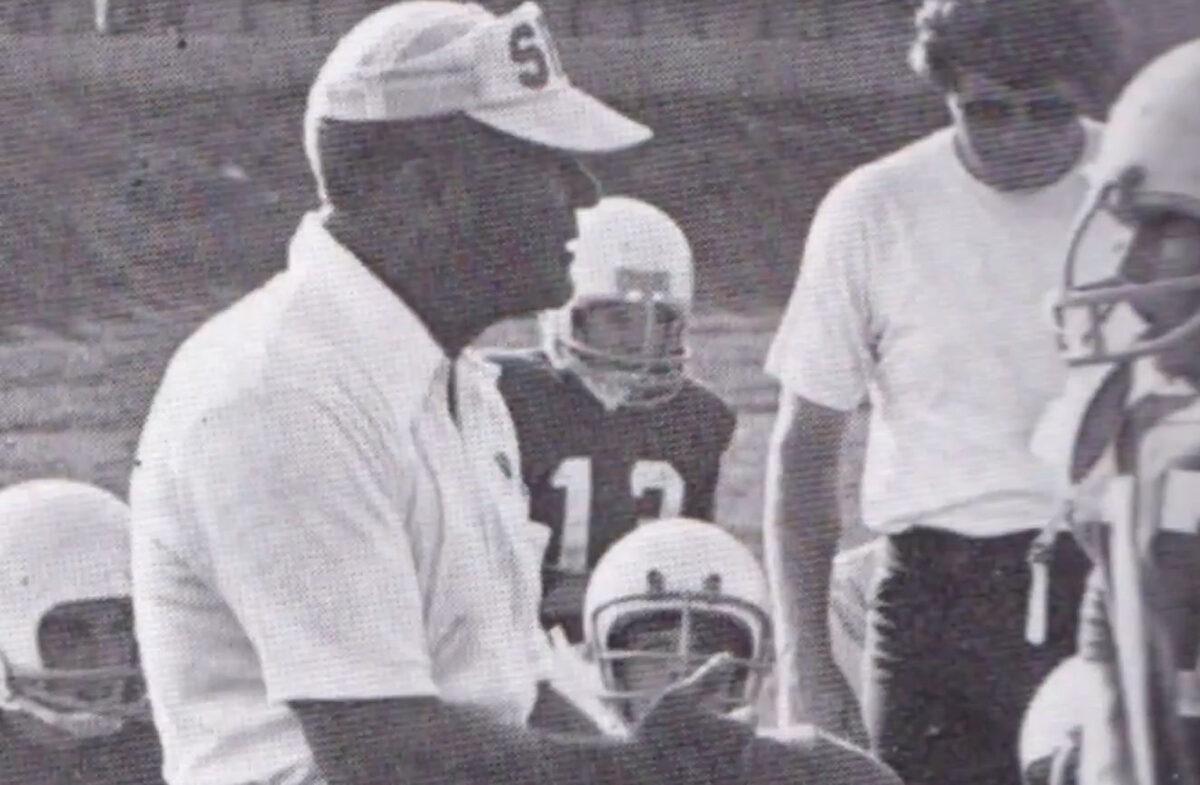 Coach Rosacker speaking to his footballers in “The Colonel’s Playbook.” (The Colonel Films)