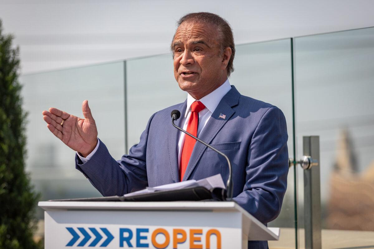 Mayor of Anaheim Harry Sidhu speaks at an event in Anaheim, Calif., on September 16, 2020. (John Fredricks/The Epoch Times)