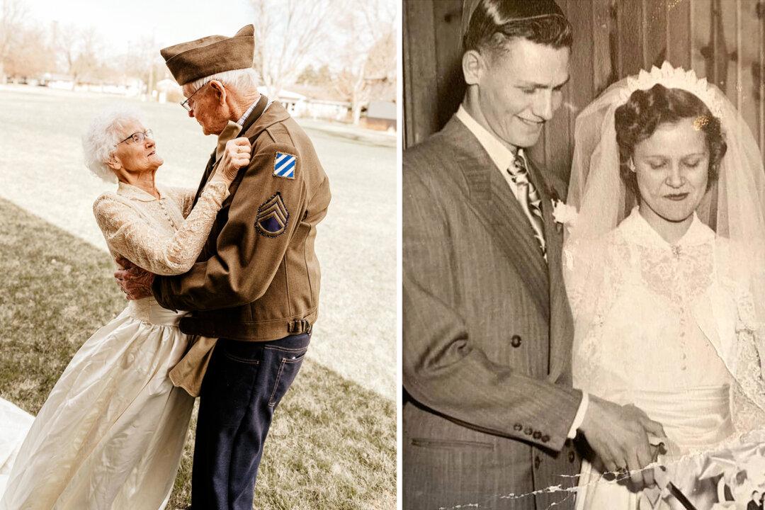 Couple Celebrates 70th Anniversary Dressed in Original $35 Wedding Gown and Korean War Suit