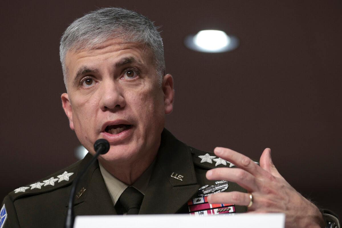 Gen. Paul Nakasone, director of the National Security Agency, speaks before Congress in Washington on April 5, 2022. (Win McNamee/Getty Images)