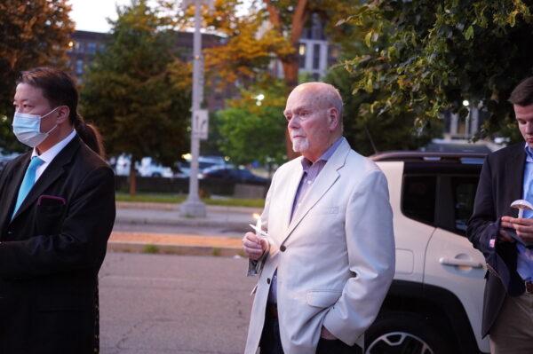 Lee Edwards, Victims of Communism Memorial Foundation co-founder and chairman emeritus, at a candlelight vigil mourning the victims of the 1989 Tiananmen Square in Washington D.C., on June 3, 2022. (Terri Wu/The Epoch Times)