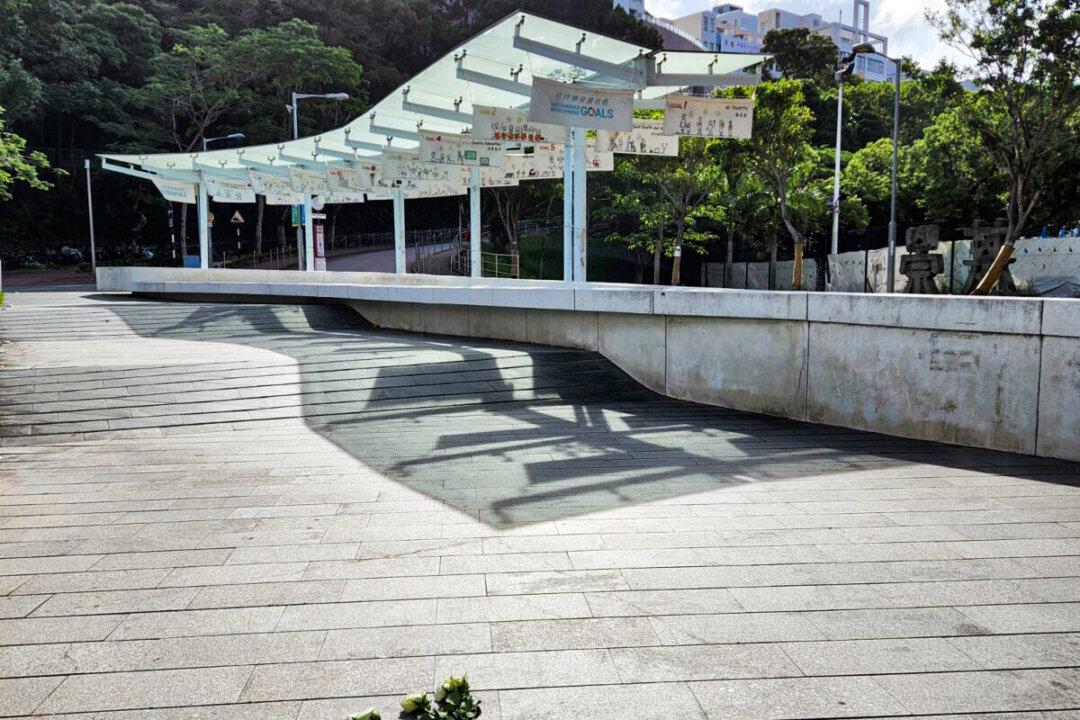 Flower Tribute to Tiananmen Square Massacre at Site of Removed-Statue on Campus in Hong Kong