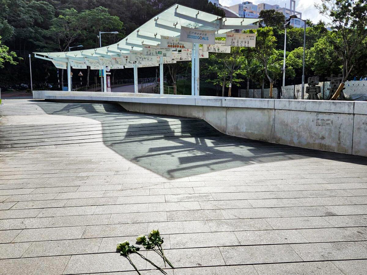 Flower Tribute to Tiananmen Square Massacre at Site of Removed-Statue on Campus in Hong Kong