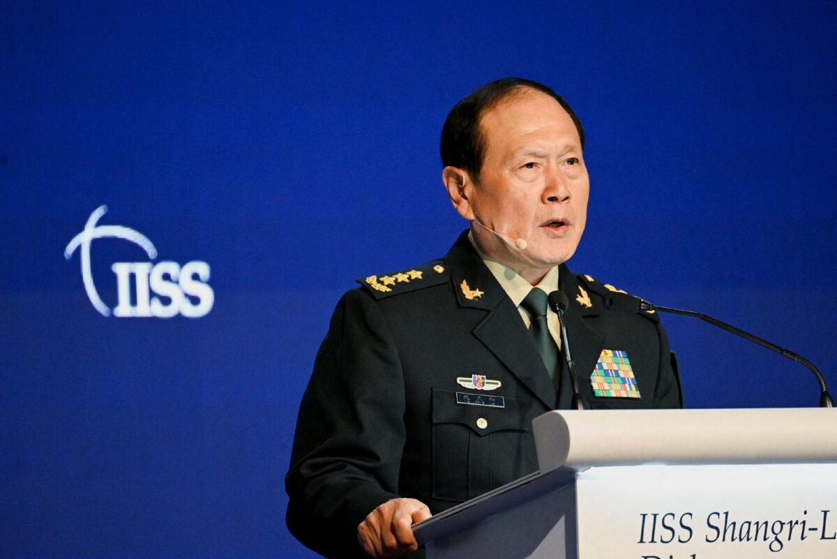 China's Defense Minister Wei Fenghe speaks at a plenary session during the 19th Shangri-La Dialogue in Singapore on June 12, 2022. (Caroline Chia/Reuters)