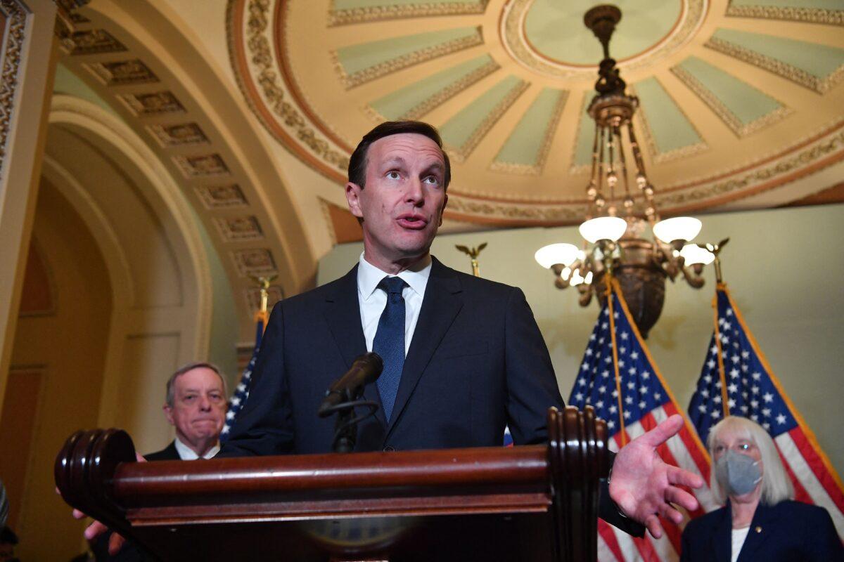 Sen. Chris Murphy (D-Conn.) speaks during a news conference following Senate Democrat policy luncheons at the U.S. Capitol on June 7, 2022. (Nicholas Kamm/AFP via Getty Images)