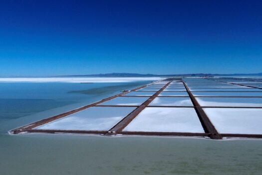 Evaporation pools for the extraction of lithium at the Salar de Uyuni, a vast white salt flat at the centre of a global resource race for the battery metal lithium, outside of Uyuni, Bolivia on March 26, 2022. (Claudia Morales/Reuters)