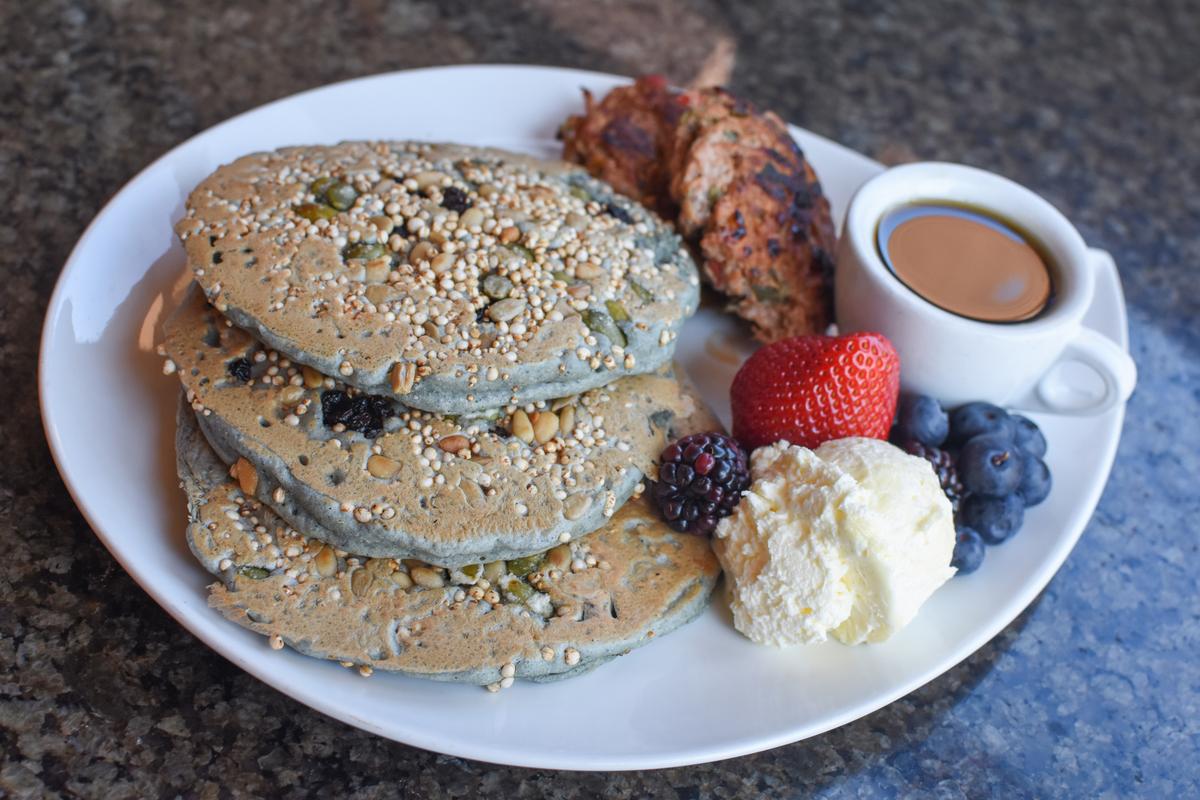 Native "superfoods" quinoa, amaranth, currants, piñon, sunflower seeds, pumpkin seeds, and berries star in the blue corn griddle cakes, served with pure maple syrup. (Courtesy of the Indian Pueblo Cultural Center)