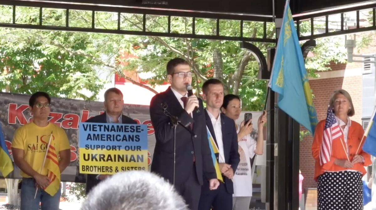 Arthur Zgurov, a neurosurgeon and activist in the NGO Razom for Ukraine, speaks at the “Freedom from Tyranny” rally in Rockville, Md., on June 4, 2022. (Courtesy of Maxwell Wappel)