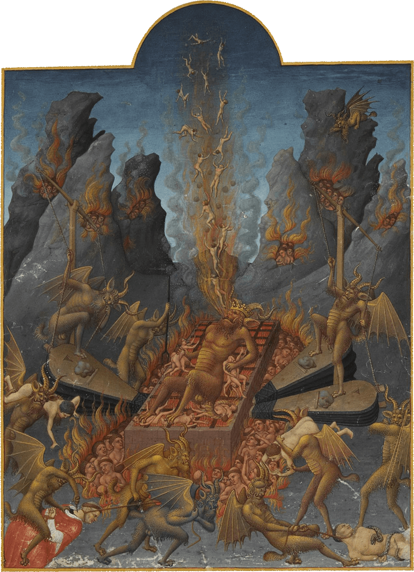 Illuminated manuscript of Lucifer torturing souls in hell from "The Very Rich Hours of the Duke of Berry" circa 1411–1416, by the Limbourg brothers. Tempera on vellum. Condé Museum, in Chantilly, France. (PD-US)