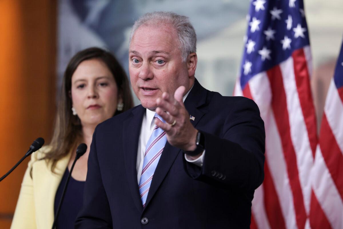 U.S. House Republican Whip Steve Scalise (R-La.), joined by House Republican Conference Chair Elise Stefanik (R-N.Y.), speaks at a press conference following a Republican caucus meeting at the U.S. Capitol in Washington on June 8, 2022. (Kevin Dietsch/Getty Images)