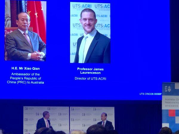 Chinese ambassador Xiao Qian and James Laurenceson, the Director of the UTS Australia-China Relations Institute. (The Epoch Times)