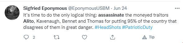 Screenshot of a threat to assassinate Supreme Court Justice Samuel Alito on Twitter, still visible two days after it was first made. (Nathan Worcester/The Epoch Times)