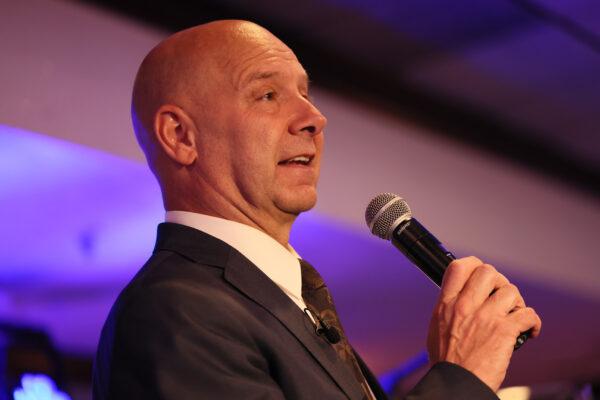 Republican gubernatorial candidate Doug Mastriano, following his win in the Pennsylvania Republican primary, gives a victory speech at his election night party at The Orchards in Chambersburg, Pa., on May 17, 2022. (Michael M. Santiago/Getty Images)