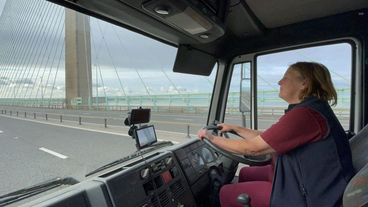 Sharon Downs, 41, a saddle-fitter from Pontypridd, driving her horse box across the Prince of Wales Bridge during a go-slow protest on the M4 before being arrested on July 4, 2022. (PA Media)