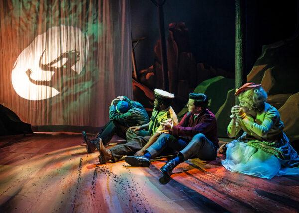 (L–R) George (Alex Goodrich), Borney (Jonathan Butler-Duplessis), John Putnam (Christopher Kale Jones), and Maizie (Ann Delaney) have an extraterrestrial encounter. (Liz Lauren)