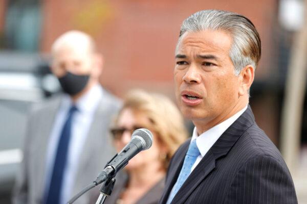California Attorney General Rob Bonta speaks during a news conference outside of an Amazon distribution facility in San Francisco, California on Nov. 15, 2021. (Justin Sullivan/Getty Images)