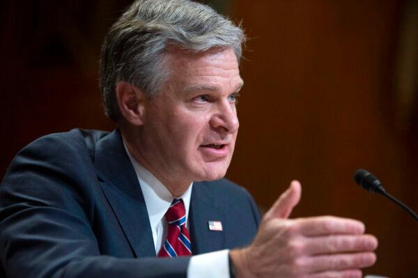 FBI Director Christopher Wray speaks during a Senate Appropriations Subcommittee hearing on the fiscal year 2023 budget for the FBI at the U.S. Capitol in Washington on May 25, 2022. (Bonnie Cash/Pool via Getty Images)