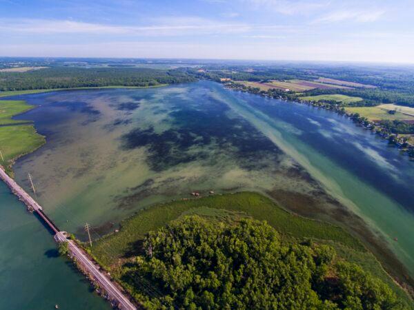 A bird’s-eye view of the Erie Canal and Railroad connecting to Cayuga Lake, the longest of the Finger Lakes. (Matt Champlin/Moment/Getty Images)